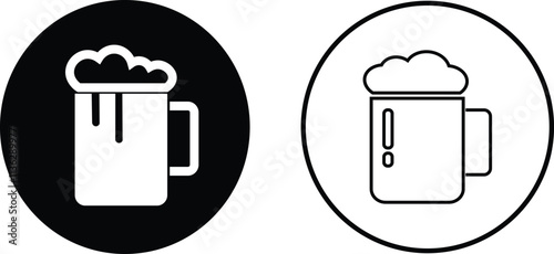 Depiction of frothy beer mug icon set isolated on transparent background. Ideal for pubs, breweries, and beer enthusiasts seeking vintage charm black flat and line vector collection drink glass symbol