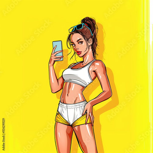 woman in sportsuit with phone in her hand photo