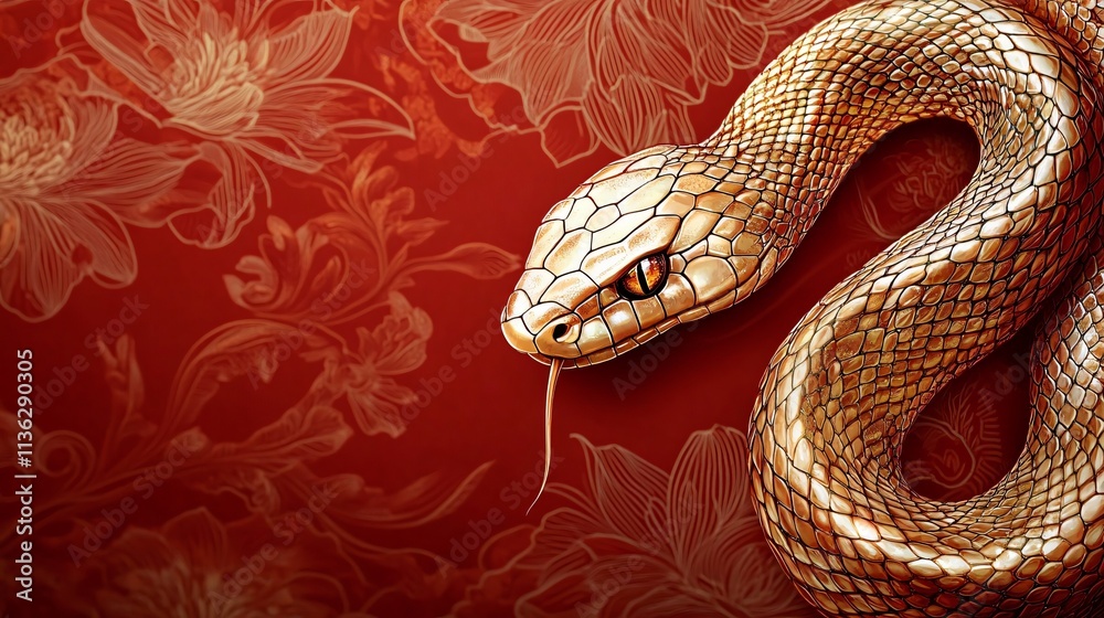 Fototapeta premium A majestic golden snake illustration on a rich red background, perfect for Lunar New Year celebrations and luxury-themed designs. Ideal for festive invitations and decor.