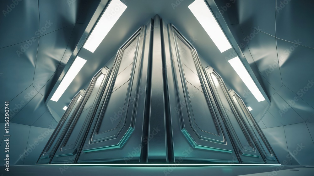 Obraz premium Futuristic Metal Corridor, Abstract Architecture, Sci-Fi Interior Design, Modern Technology Background