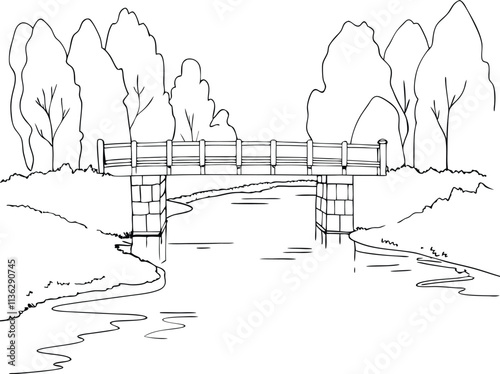 One Black Line Art Drawing Illustration Of A Small Bridge Over A Flowing River