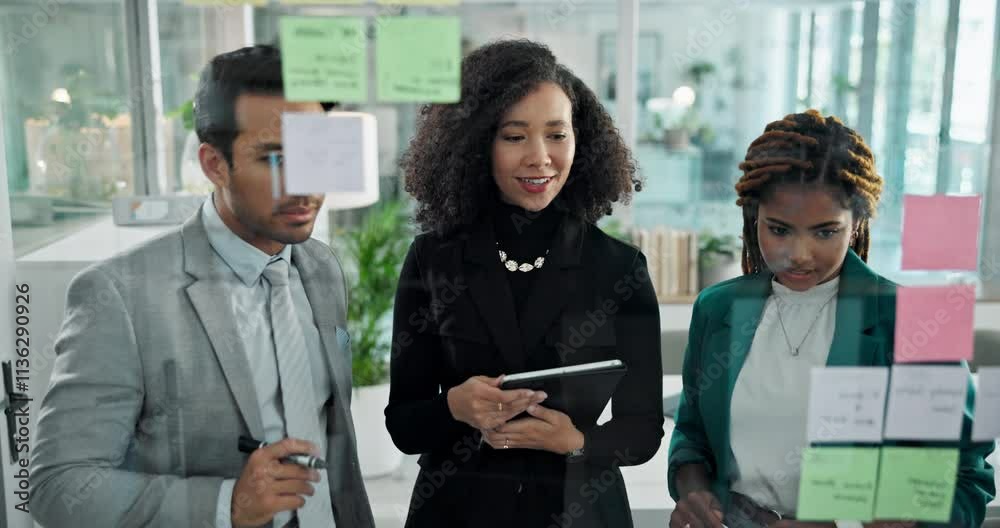 Meeting, tablet and glass wall for planning, discussion and sticky notes for erp report brainstorming. Man, women and moodboard for business, teamwork or collaboration for partnership or b2b project