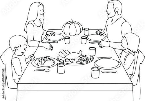 Continuous One Line Art Drawing Happy Family Father And Mother With Children Having Dinner Sitting At Table Doodles Style