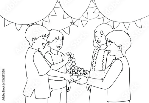 One Black Line Art Drawing Illustration Of A Group Of Kids Sharing Candy on A Occasion