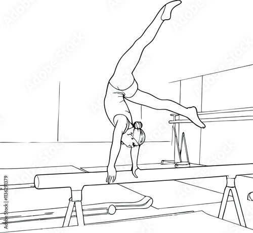 A Woman Gymnast Performing On A Balance Beam Hand Drawn Continuous One Line Art Drawing Illustration