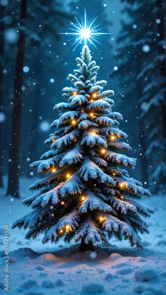 A snow-draped Christmas tree sparkles with festive lights in a peaceful winter forest. Falling snow enhances the magical holiday atmosphere in this serene, nature-inspired setting. A snow-draped Christmas tree sparkles with festive lights in a peaceful winter forest. Falling snow enhances the magical holiday atmosphere in this serene, nature-inspired setting.