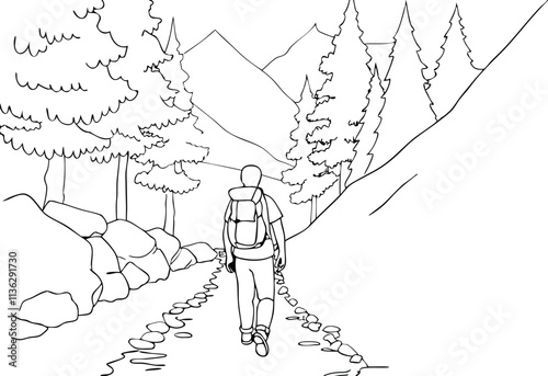 One Black Line Art Drawing Illustration Of A Person Hiking With A Backpack On