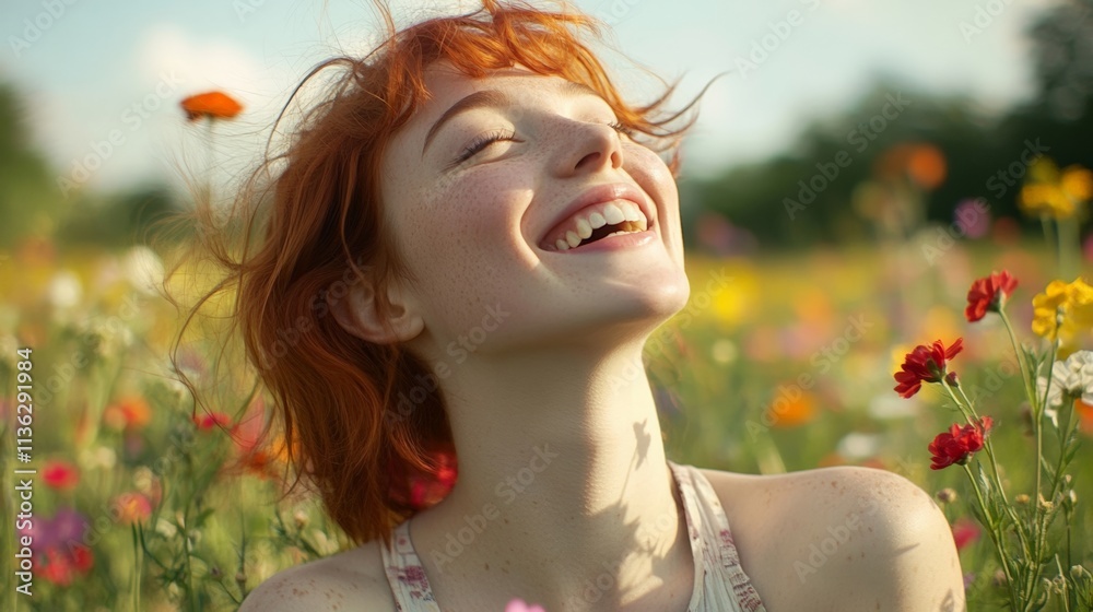 Joyful Woman Smiling in a Colorful Flower Field Under Bright Sunlight Joyful Woman Smiling in a Colorful Flower Field Under Bright Sunlight