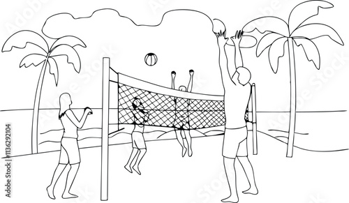 One Black Line Art Drawing Illustration Of A Group Of People Playing Volleyball On The Beach