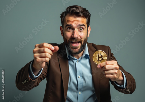 caucasian man rushes money exchanging bitcoin