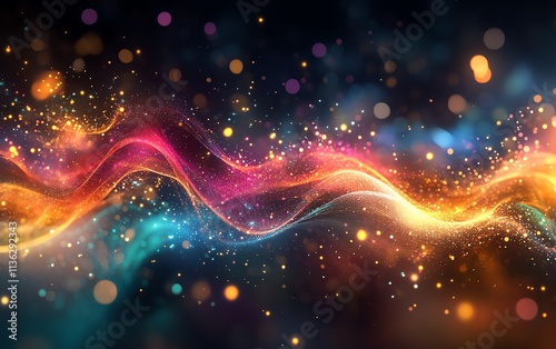 Quantum entanglement art, particles connected by colorful energy trails, spacetime ripples, abstract physicsinspired composition, cosmic elegance