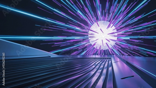Abstract Futuristic Background, Neon Lines and Glowing Sphere
