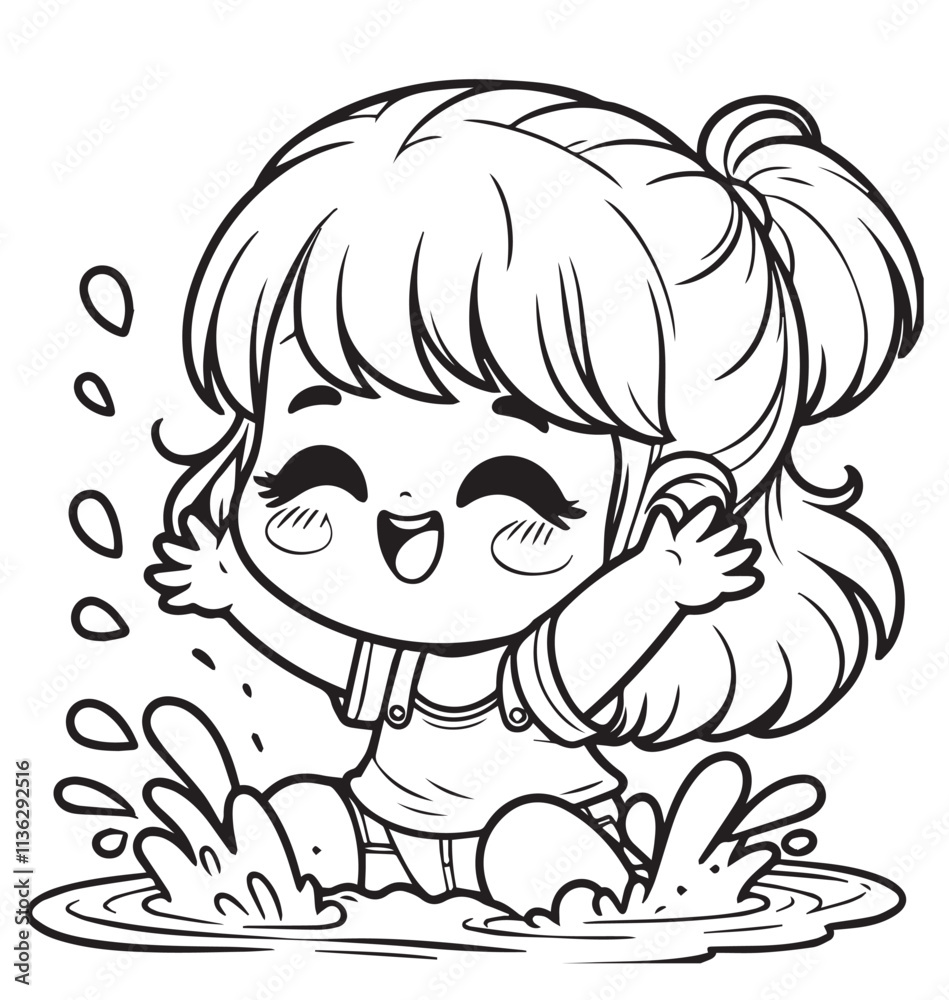Coloring page design cute girl play splash water Coloring page design cute girl play splash water