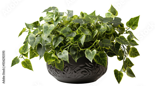 Fresh English Ivy in a black pot, perfect for elegant and contemporary decor themes, isolated on transparent background. photo