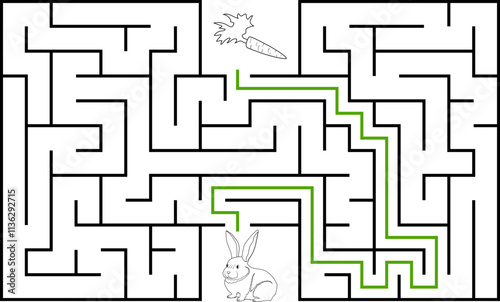 Help a white rabbit pass through rectangular maze to find a carrot. Feed the hungry bunny labyrinth. Easy difficulty level riddle for kids and their parents. Solution included