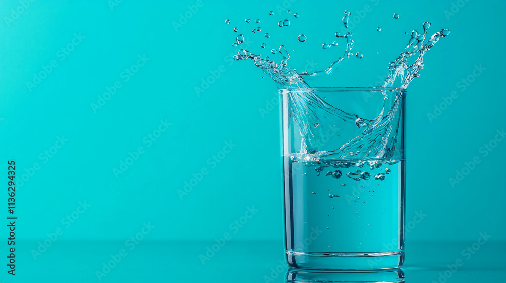 A clear glass filled with water shows a splash against a vibrant turquoise background, capturing a moment of dynamic fluid motion. A clear glass filled with water shows a splash against a vibrant turquoise background, capturing a moment of dynamic fluid motion.