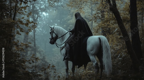 Medieval knight on a majestic horse exploring a misty forest at dawn