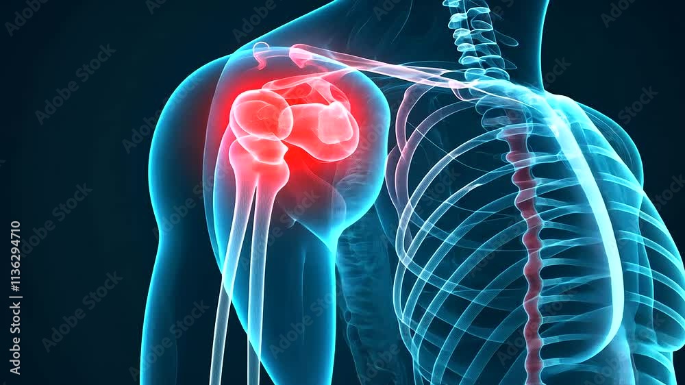 Shoulder Complex Background X-ray of a human shoulder joint on a deep blue background with red and ...