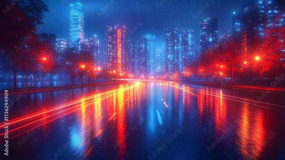 Naklejka premium Smart city with digital transformation technologies visualized, glowing connections and data streams, wide angle shot