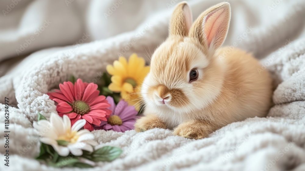 Fluffy bunny resting on blanket with colorful flowers Fluffy bunny resting on blanket with colorful flowers