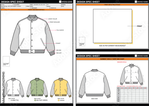 BUTTON VARSITY JACKET EASY EDITABLE EMPTY TECHPACK MEASUREMENT LAYOUT TEMPLATE DESIGN