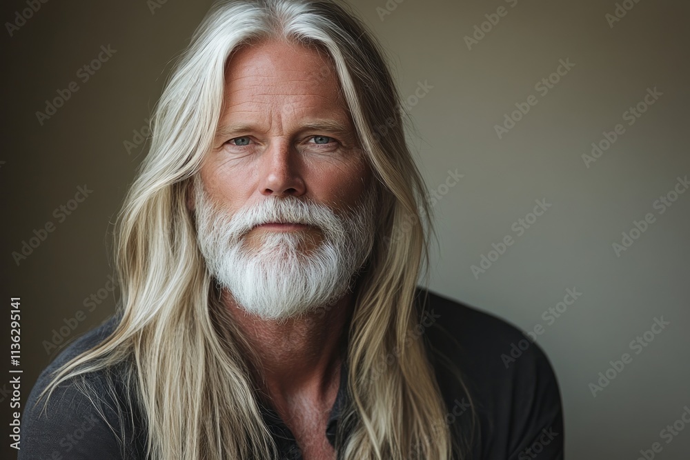 Portrait of an adult man with long blond hair and white beard. Castle gray color background Portrait of an adult man with long blond hair and white beard. Castle gray color background