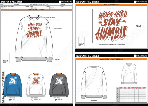 SWEATSHIRT STAY HUMBLE STREETWEAR T SHIRT TECHPACK MEASUREMENT LAYOUT TEMPLATE DESIGN