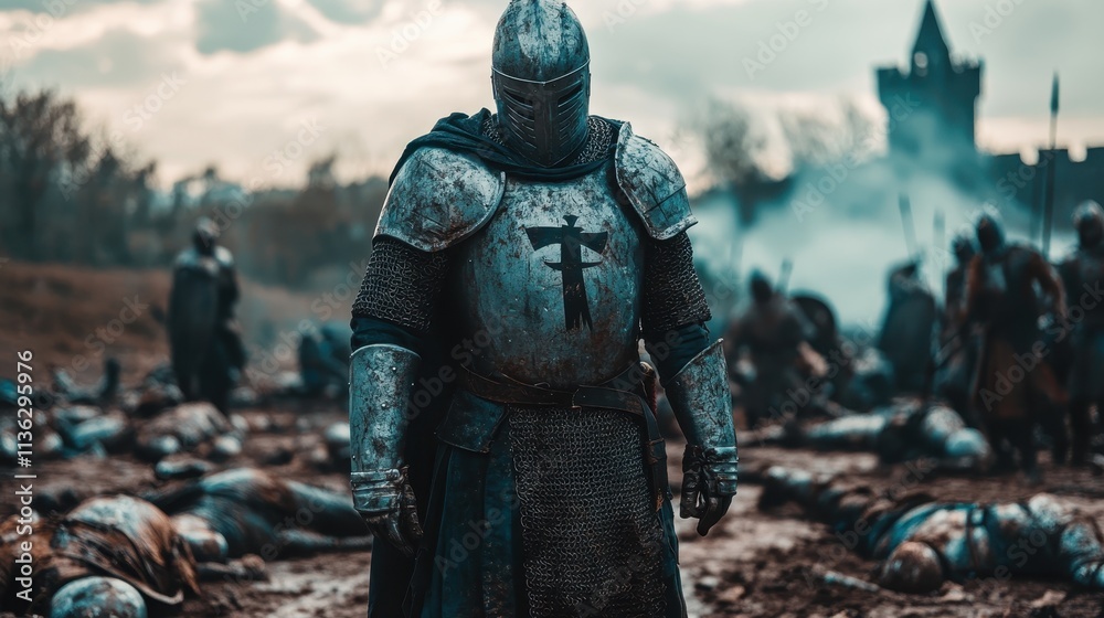 Fototapeta premium Mysterious knight stands amidst a battlefield covered in shadows and embers, evoking a sense of ancient struggle and bravery