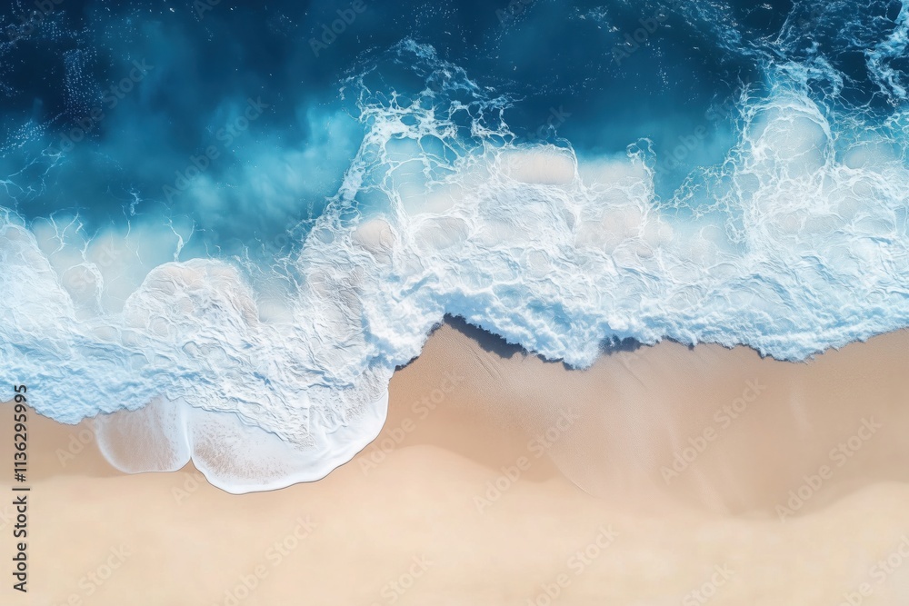 Stunning aerial view of turquoise ocean waves crashing gently on a pristine sandy beach, creating a mesmerizing contrast between the vibrant blue water and the soft golden sand Stunning aerial view of turquoise ocean waves crashing gently on a pristine sandy beach, creating a mesmerizing contrast between the vibrant blue water and the soft golden sand
