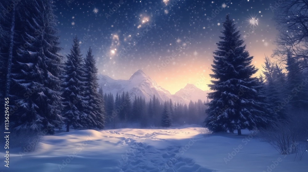 Footprints are marking a path through a beautiful snowy forest at sunset, with snow-covered pine trees, mountains in the background, and a starry night sky Footprints are marking a path through a beautiful snowy forest at sunset, with snow-covered pine trees, mountains in the background, and a starry night sky