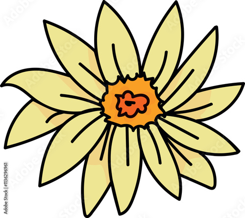 The image shows a stylized drawing of a flower with light yellow petals, a darker yellow-orange center, and a small red shape within the center. The petals are elongated and pointed, radiating outward