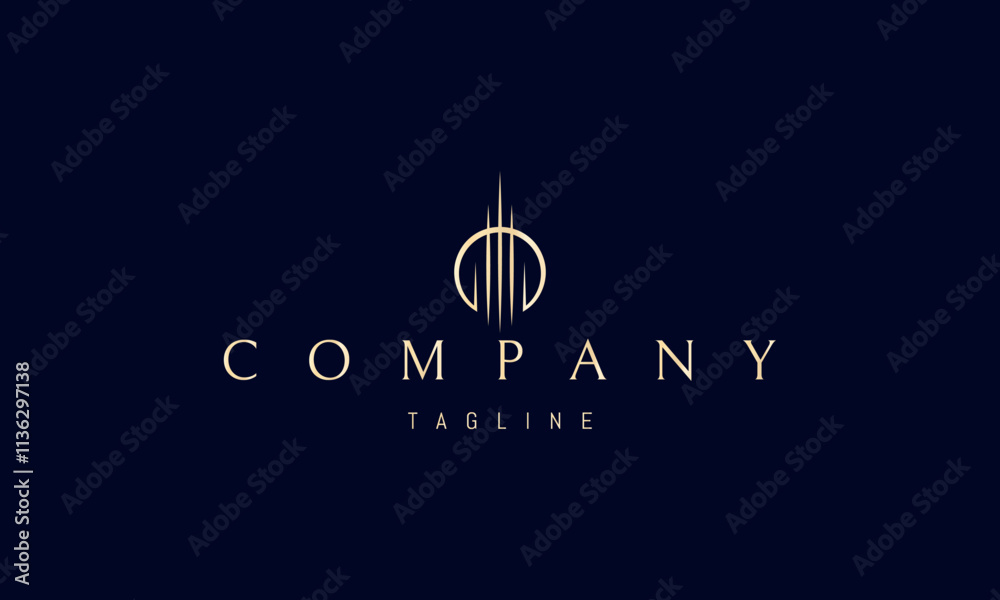 Obraz premium Vector golden logo with an abstract image of a tall tower against the backdrop of the sun.