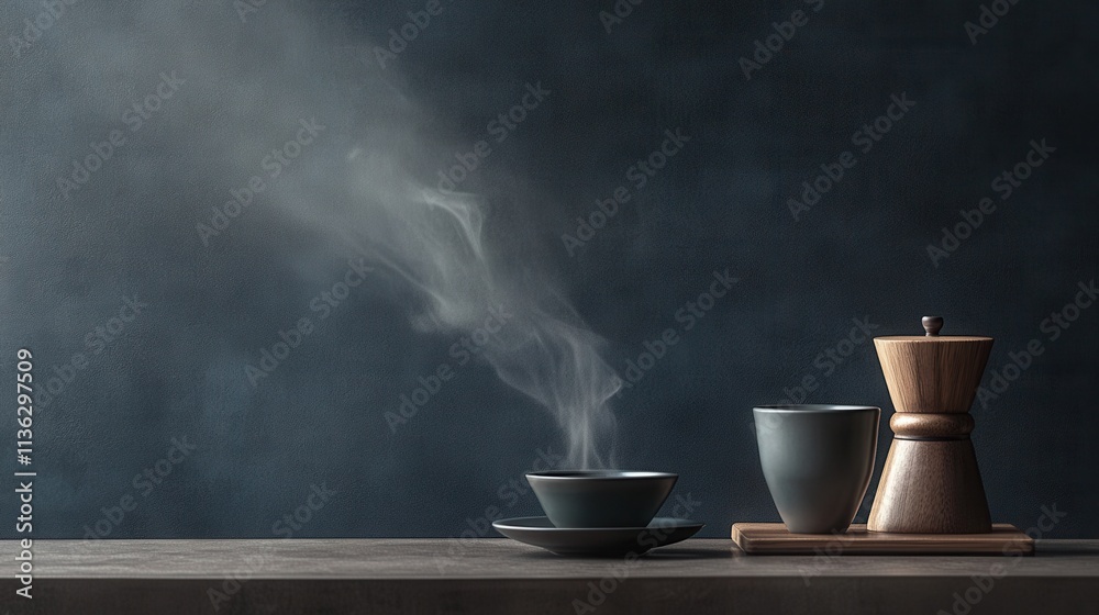 a minimalist coffee setup with wisps of neutral smoke adding a sense of elegance and intrigue. a minimalist coffee setup with wisps of neutral smoke adding a sense of elegance and intrigue.