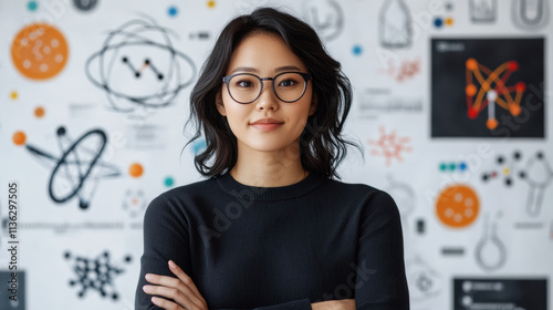 A researcher with glasses poses with crossed arms in a modern work environment. Behind her, a colorful wall features various scientific symbols and diagrams, creating an inspiring atmosphere. photo