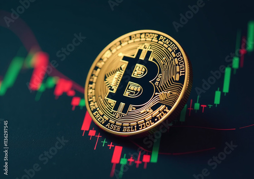 bitcoin btc coin appears dark trading chart green red price photo