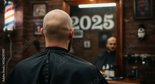 Balding man after a haircut with the year 2025 wording on the wall, barber shop background.