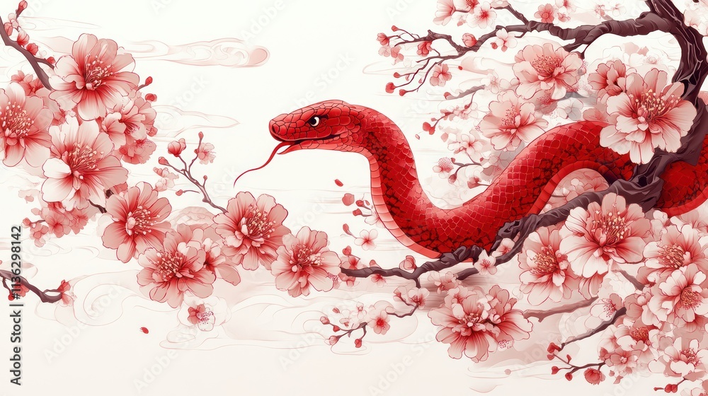 Obraz premium Red snake coiled around delicate pink cherry blossoms on a misty branch.