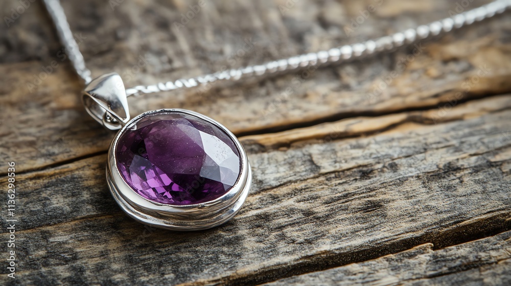 A silver chain necklace with a large, pear-shaped purple gemstone pendant, resting on a rough, textured surface. A silver chain necklace with a large, pear-shaped purple gemstone pendant, resting on a rough, textured surface.