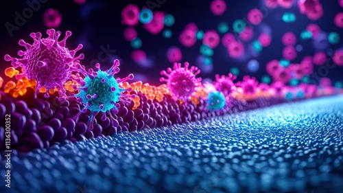 A 3D model of an immune system overreacting to allergens and viruses, with glowing cells attacking harmless substances.