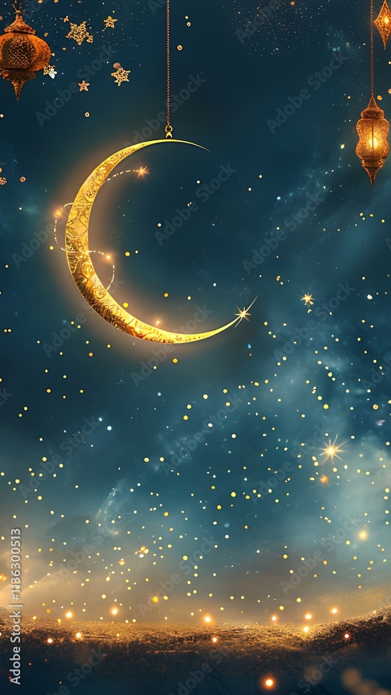 Fototapeta premium Golden Ramadan Night Sky with Lanterns and Crescent Moon