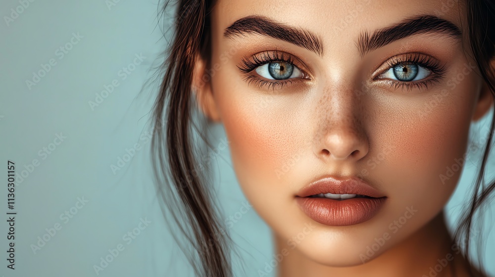 A woman with long dark hair and blue eyes looks at the camera. A woman with long dark hair and blue eyes looks at the camera.