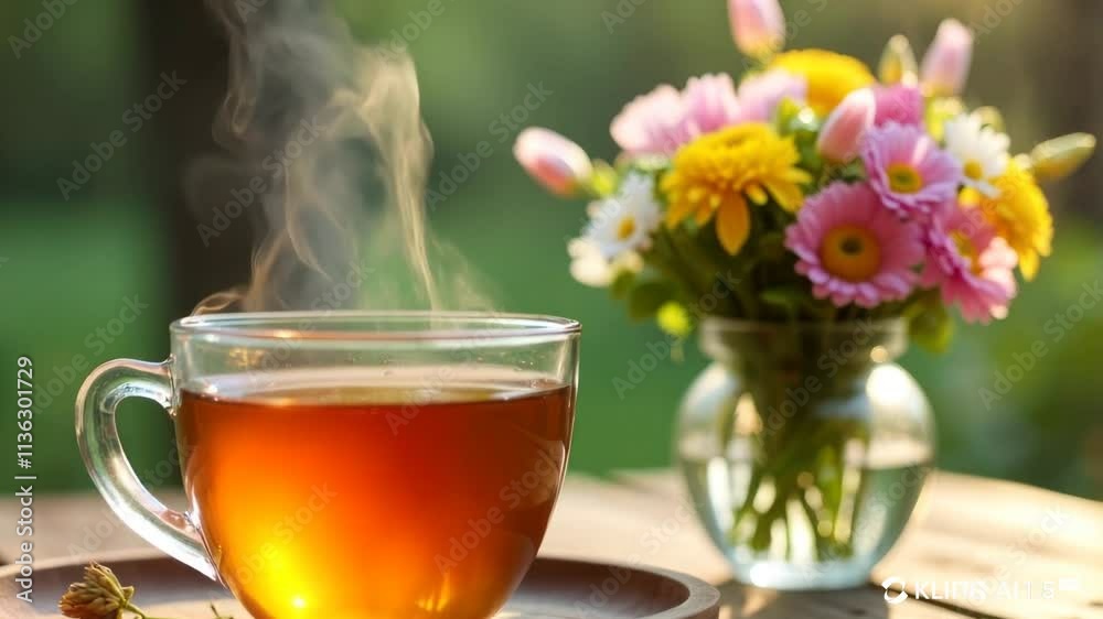 Cup of steaming tea with flowers in a vase on a sunny wooden table background Cup of steaming tea with flowers in a vase on a sunny wooden table background