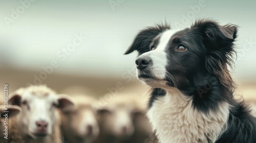 Herding dog with sheep in background