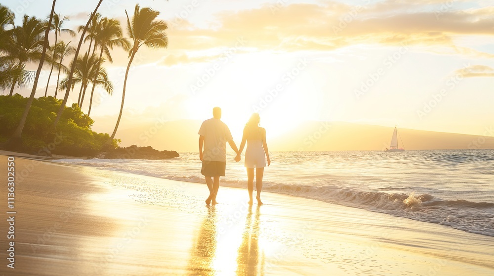 A peaceful beach scene with a couple walking hand in hand at sunset, surrounded by palm trees and a distant sailboat. Travel, Weddings & Couples, Health, Retirement, Romantic Vacation Marketing A peaceful beach scene with a couple walking hand in hand at sunset, surrounded by palm trees and a distant sailboat. Travel, Weddings & Couples, Health, Retirement, Romantic Vacation Marketing