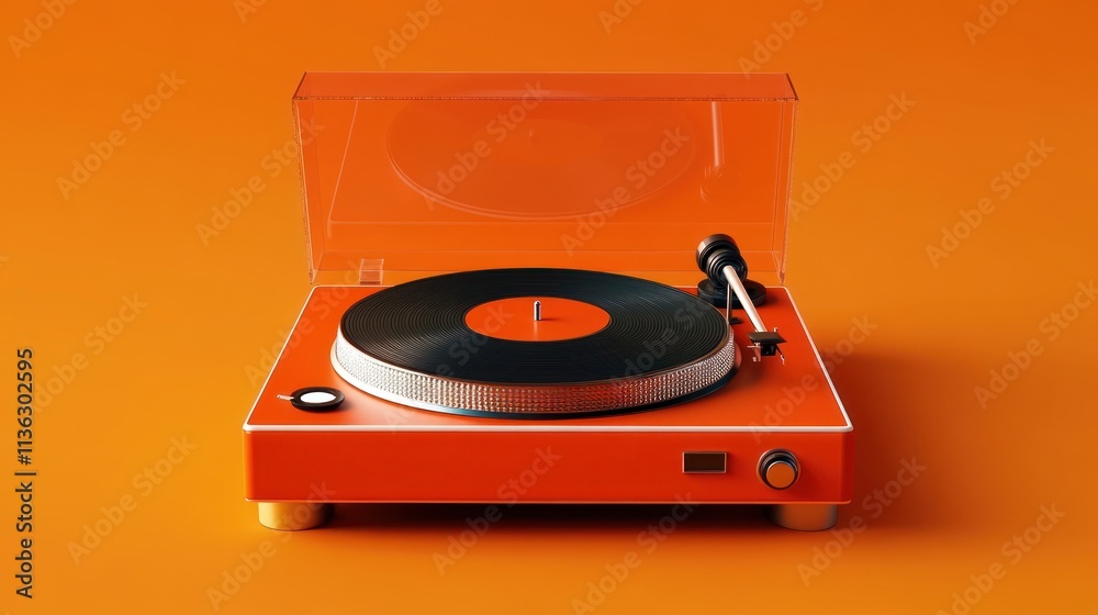 Fototapeta premium Orange retro turntable with clear dust cover.