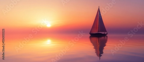 A lone sailboat drifts on calm waters at sunset, enveloped in serene pink and purple hues, as day surrenders to night. photo