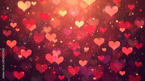 Heart-shaped confetti floating down in a festive setting, blurred background of warm bokeh lights, soft focus on the confetti creating a dreamy and joyful mood