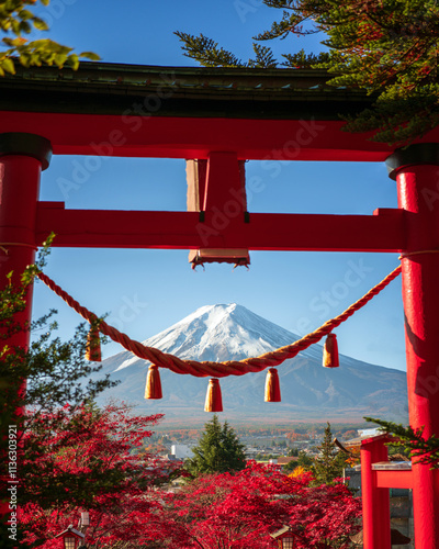 Obraz na plátně Mount Fuji, Japan - November 22 2024: The famous fuji mountain in during clear morning daylight with red autumn japanese maple leaves and no clouds