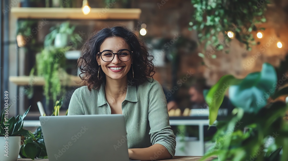 A woman with dark curly hair and glasses smiles at the camera while working on a laptop. A woman with dark curly hair and glasses smiles at the camera while working on a laptop.
