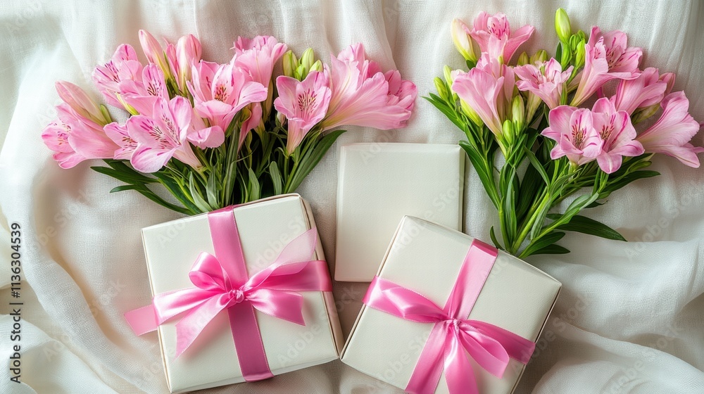 Pink Alstroemeria Flowers and Gift Boxes on White Fabric Pink Alstroemeria Flowers and Gift Boxes on White Fabric